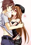  1girl brown_hair couple glasses hat hetero kiss lindoh_flores long_hair original red-eyes_macadamiachoco red_eyes 