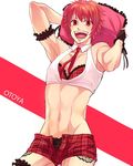  bra character_name crossdressing daishou_(hirotoxxx) ittoki_otoya male_focus midriff navel necktie open_mouth pillow red_eyes red_hair smile solo underwear uta_no_prince-sama 