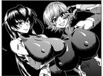  2girls bodysuit breasts highres igawa_asagi igawa_sakura large_breasts monochrome multiple_girls smile taimanin_asagi v 