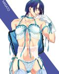  blue_eyes blue_hair bra character_name choker crossdressing daishou_(hirotoxxx) gloves hijirikawa_masato lingerie male_focus navel panties solo thighhighs underwear underwear_only uta_no_prince-sama 