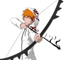  1boy arrow attacking bleach bow kurosaki_ichigo male male_focus orange_hair simple_background solo weapon white_background yellow_eyes 