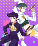  bad_id bad_pixiv_id black_hair earrings gakuran green_eyes headband higashikata_jousuke jewelry jojo_no_kimyou_na_bouken kishibe_rohan midriff multiple_boys nail_polish one_eye_closed paintbrush pompadour purple_hair school_uniform sewenan 