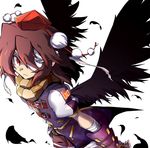  bandage_over_one_eye bandages belt brown_hair feathers looking_at_viewer mutsuki_riichi pom_pom_(clothes) red_eyes scarf scowl serious shameimaru_aya solo tengu touhou wings 