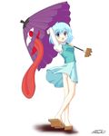  blue_hair blue_skirt blush female heterochromia karakasa_obake looking_at_viewer open_mouth short_hair simple_background skirt solo surprised tatara_kogasa tongue touhou umbrella underwear white_background 