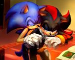  anal anal_penetration anthro balls black blue_hair blush cum erection gay gloves green_eyes hair hand_holding hedgehog licking male penetration penis red_eyes saliva sega sex shadow_the_hedgehog sonic_(series) sonic_the_hedgehog sweat tongue tongue_out video_games 