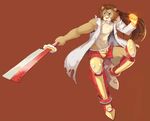  anthro armor beast biceps blue_eyes boots boxers brown_fur brown_hair bulge cigar clothing eyewear feline flexing footwear fur glasses hair lion male mammal muscles open_shirt pecs pink_nose plain_background red_background shirt shorts solo standing sword tan_fur tkfkd5362 undertaker underwear weapon 