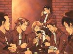  5boys auruo_bossard brown_hair card cup emblem erd_gin eren_yeager gunter_shulz jacket levi_(shingeki_no_kyojin) multiple_boys paradis_military_uniform petra_ral playing_card poker shingeki_no_kyojin smile survey_corps_(emblem) sweatdrop teacup uniform yappo_(point71) 