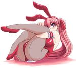  animal_ears armband breasts bunny_ears bunny_girl bunny_tail bunnysuit detached_collar fishnet_pantyhose fishnets glasses large_breasts legs_up leotard log-mi_(tonpuu) long_hair original pantyhose pink_hair purple_eyes red_leotard solo tail tonpuu wrist_cuffs 