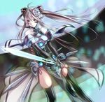  armor blue_eyes breasts cardfight!!_vanguard corset elf flower grey_hair leading_jewel_knight_salome long_hair pointy_ears royal_paladin sukumo_(kemutai) sword thighhighs weapon 