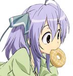  1girl ahoge brown_eyes doughnut eating female food looking_away mout_hold purple_hair ribbon simple_background solo tachibana_isana yumekui_merry 