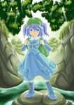  backpack bag blue_eyes blue_hair boots breasts cross-laced_footwear fern hair_bobbles hair_ornament hat kawashiro_nitori key light_rays looking_at_viewer medium_breasts moss rakuengine rock short_hair skirt skirt_set solo stream sunbeam sunlight touhou tree two_side_up 