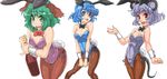  :p animal_ears blue_eyes blue_hair blue_leotard bottle bow bowtie breasts brown_legwear bunny_ears bunny_tail bunnysuit detached_collar fake_animal_ears fake_tail green_hair grey_hair grey_leotard heterochromia kasodani_kyouko leotard medium_breasts mouse_ears mouse_tail multiple_girls nazrin pantyhose pink_leotard red_eyes short_hair side-tie_leotard smile suikamaru tail tatara_kogasa tongue tongue_out touhou wrist_cuffs 