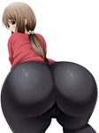  ass bad_id bad_pixiv_id bent_over blush brown_eyes brown_hair denim from_behind huge_ass jeans light_smile long_hair looking_back matsumoto_yoriko pants pantylines ponytail saogokushi simple_background solo white_background yuyushiki 