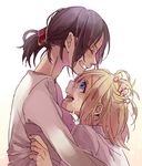  black_hair blonde_hair christa_renz closed_eyes clothes_grab freckles grin hair_grab hand_on_another's_head multiple_girls ponytail profile shingeki_no_kyojin short_hair smile tears yamako_(state_of_children) ymir_(shingeki_no_kyojin) 