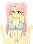  1girl blush breasts highschool_of_the_dead large_breasts midriff pink_hair simple_background solo takagi_saya twintails 
