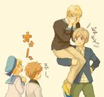  atsumu axis_powers_hetalia bad_id bad_pixiv_id blonde_hair blue_eyes carrying covering_face family finland_(hetalia) glasses ladonia_(hetalia) male_focus multiple_boys purple_eyes sealand_(hetalia) sweden_(hetalia) 