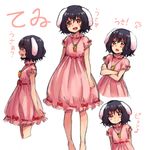  :d animal_ears black_hair bunny_ears carrot carrot_necklace carrying character_name crossed_arms dress inaba_tewi jewelry looking_at_viewer musical_note necklace open_mouth pendant pink_dress red_eyes short_hair simple_background sketch smile solo touhou translated white_background yanagida_fumita 
