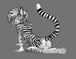  all_fours anus balls barefoot butt claws digitigrade feline girly hindpaw kneeling looking_at_viewer looking_back male mammal monochrome nude pawpads paws perineum pira plain_background raised_tail soles solo tiger toes 