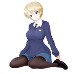  bad_id bad_pixiv_id black_legwear black_neckwear blonde_hair blue_eyes blue_skirt blue_sweater blush braid cardigan darjeeling dress_shirt girls_und_panzer highres miniskirt mugi~yuuuuuu necktie pantyhose pleated_skirt school_uniform shirt short_hair sitting skirt smile solo st._gloriana's_school_uniform sweater v-neck wariza white_shirt 