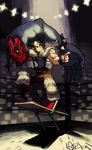  alex_ahad beowulf_(skullgirls) black_hair bracelet chair claws folding_chair highres jewelry lab_zero_games official_art pointing severed_arm severed_limb signature skullgirls spiked_bracelet spikes the_hurting wrestling_ring 