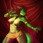  belly_dancer bracelet breasts clothed clothing dancing female forked_tongue jewelry lizard long_tongue looking_at_viewer navel_piercing nipple_chain nipples piercing pussy reptile scalie sh'sthress sh'sthress_(gingerm) skimpy solo tongue tongue_out translucent volkcreed 