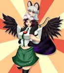  2radpersec :d animal_ears black_hair black_legwear blush bow breasts cape capelet carrying grey_hair hair_bow highres large_breasts midriff mouse mouse_ears mouse_tail multiple_girls navel nazrin open_mouth red_eyes reiuji_utsuho short_hair shoulder_carry skirt smile tail thighhighs third_eye touhou wings 