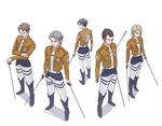  4boys auruo_bossard boots brown_hair dual_wielding emblem erd_gin grey_hair gunter_shulz holding jacket levi_(shingeki_no_kyojin) multiple_boys paradis_military_uniform petra_ral shingeki_no_kyojin short_hair survey_corps_(emblem) sword three-dimensional_maneuver_gear uniform weapon yappo_(point71) 