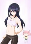  akemi_homura black_hair black_legwear blush bra crotch_seam hayashiya_zankurou highres kaname_madoka mahou_shoujo_madoka_magica multiple_girls navel panties panties_under_pantyhose pantyhose pink_hair purple_eyes school_uniform short_hair sports_bra thighhighs twintails underwear underwear_only white_legwear 