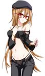  brown_hair glasses hat lindoh_flores long_hair midriff navel_piercing open_fly original panties piercing red-eyes_macadamiachoco red_eyes solo strap_slip string_panties underwear unzipped 