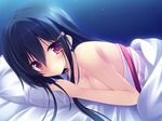  any_(trueblue) bed bed_sheet black_hair blue_background blush breasts cleavage flower from_side game_cg hair_ornament hairclip hairpin japanese_clothes kotone_(zettai_saikyou) long_hair looking_at_viewer medium_breasts nude on_bed pillow red_eyes sidelocks simple_background smile solo tareme upper_body zettai_junshu_kozukuri_kyokashou_paradise!! zettai_saikyou_oppai_sensou!! 