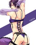  ass ass_focus blue_eyes blue_hair bra character_name crossdressing daishou_(hirotoxxx) elbow_gloves fishnet_legwear fishnets from_behind gloves ichinose_tokiya lingerie looking_back male_focus panties pillow ribbon solo thighhighs underwear underwear_only uta_no_prince-sama 