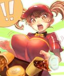  1girl :o breasts brown_eyes brown_hair dropping employee_uniform fast_food_uniform food french_fries hamburger hataraku_maou-sama! hei_(heiyohei) highres large_breasts open_mouth sasaki_chiho short_hair short_twintails soda solo spilling tray twintails uniform 