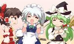  apron bad_id bad_pixiv_id blush bow broom brown_eyes brown_hair closed_eyes cosplay double_dealing_character frog_hair_ornament gohei green_hair hair_bow hair_ornament hair_tubes hakurei_reimu hat izayoi_sakuya izayoi_sakuya_(cosplay) kirisame_marisa kirisame_marisa_(cosplay) kochiya_sanae konpaku_youmu konpaku_youmu_(ghost) long_hair maid maid_headdress multiple_girls open_mouth short_hair silver_hair smile snake_hair_ornament sweatdrop sword touhou weapon witch_hat zipang_(zip@ng_works) 