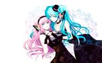  2girls dress gloves hat hatsune_miku headphones magnet_(vocaloid) megurine_luka tomoe_kiko vocaloid yuri 