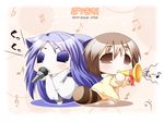  animal_ears blue_eyes blue_hair brown_eyes brown_hair bugle cat_ears chibi chihyaa idolmaster instrument microphone multiple_girls music musical_note nanatsuki_(arca-nize) puchimasu! raccoon_tail ribbon singing tail trumpet yukipo 