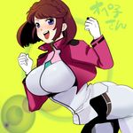  ass bad_id bad_pixiv_id belt blue_eyes blush bouncing_breasts braid breasts brown_hair celestial_being_extra extra gloves gundam gundam_00 happy jacket large_breasts muto25 short_hair single_braid skin_tight smile solo stacked_extra 