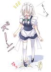  1girl animal_abuse blush braid cat closed_eyes hair_ribbon izayoi_sakuya maid ribbon seo_tatsuya shii smile solo thighhighs touhou trample twin_braids white_hair zettai_ryouiki 