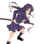  bangs black_hair blunt_bangs ga-rei ga-rei_zero isayama_yomi katana kneehighs long_hair makirin purple_eyes ready_to_draw school_uniform serafuku skirt socks solo sword weapon 