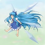  :o absurdly_long_hair alternate_hair_length alternate_hairstyle barefoot blue_eyes blue_hair cirno feet floating full_body ice ice_wings long_hair solo supon touhou v-shaped_eyebrows very_long_hair wings 