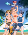  3girls :d arm_up bare_legs beach bikini blonde_hair blue_eyes blue_hair blue_sky brown_eyes brown_hair checkered cloud coni day energy_weapon expressionless fighting_stance flying gun horizon huge_weapon light_smile long_hair multiple_girls navel one-piece_swimsuit open_mouth orange_bikini outdoors palm_tree phantasy_star phantasy_star_universe pointy_ears red_eyes robot robot_ears school_swimsuit short_hair sino_(mechanized_gallery) sky smile staff standing swimsuit technic_combat_support_machine tree twintails wand weapon 