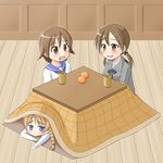  blue_eyes blush braid brown_eyes brown_hair cup food fruit gertrud_barkhorn kotatsu lynette_bishop mandarin_orange miyafuji_yoshika multiple_girls school_uniform short_hair strike_witches table twintails wooden_floor world_witches_series youta_(asatsukidou) yunomi 