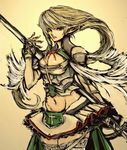 armor blonde_hair blue_eyes copyright_request elf feathers long_hair moto_murabito navel pointy_ears solo sword thighhighs traditional_media weapon 