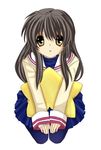  black_hair brown_eyes clannad hikarizaka_private_high_school_uniform ibuki_fuuko kneeling long_hair pantyhose school_uniform solo starfish yuzuha_(yuzu0x0) 