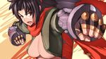  black_hair blazblue breasts cleavage clenched_hands covered_nipples cross_scar fang fighting_stance fingerless_gloves fumio_(rsqkr) genderswap genderswap_(mtf) gloves large_breasts no_bra punching red_scarf scar scarf shishigami_bang solo underboob 