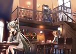  bad_id bad_pixiv_id bell brown_hair cafe chair chin_rest clock cup grandfather_clock koi_(koisan) long_hair multiple_girls original phonograph ponytail robot_ears short_hair silver_hair table teacup tray 