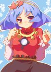  9law blush hair_ornament leaf leaf_hair_ornament light_smile mirror purple_hair red_eyes rope short_hair smile solo touhou yasaka_kanako 