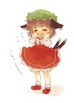  =_= animal_ears blush brown_hair cat_ears cat_tail chaba_(hortensia) chen chibi earrings hat jewelry multiple_tails short_hair solo tail touhou 