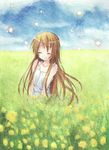  brown_hair clannad closed_eyes flower girl_from_the_illusionary_world highres long_hair mizuki_riyu solo sparkle 