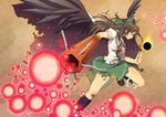  arm_cannon black_wings breasts brown_hair burning cape covered_nipples danmaku long_hair medium_breasts painpa pointing red_eyes reiuji_utsuho ribbon solo touhou weapon wings 