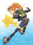  artist_request backpack bag brown_hair character_name copyright_name fang glasses gloves green_eyes handheld_game_console highres looking_back pantyhose playstation_portable ponytail precis_neumann skirt solo star star_ocean star_ocean_the_second_story sunglasses 